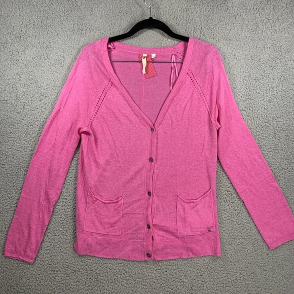 White Stuff Cardigan Deep V Neck Linen Long Sleeve Top Size 10 Pink Button Front - Picture 1 of 12